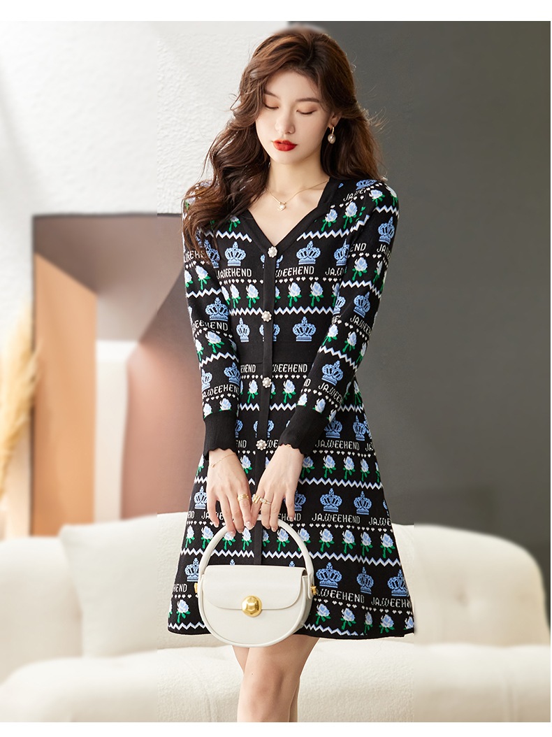 秋 冬 スタイルニットドレス V ネック レトロ a ライン セーター スカート 女性 ブラック M L XL XXL ワンピース 膝上 袖あり かわいい 大人可愛い きれいめ シンプル カジュアル