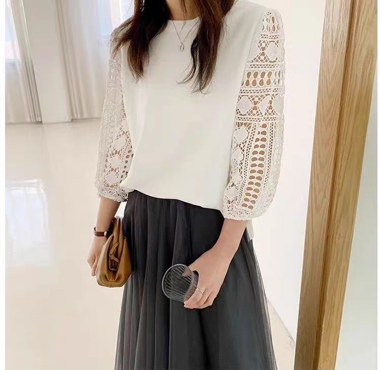 レディース カットソー 7分袖 Uネック ラウンドネック 切り替え ドッキング クロシェ 透け感 シースルー かわいい 大人可愛い きれいめ シンプル カジュアル 上品 おしゃれ こなれ感 ラフ