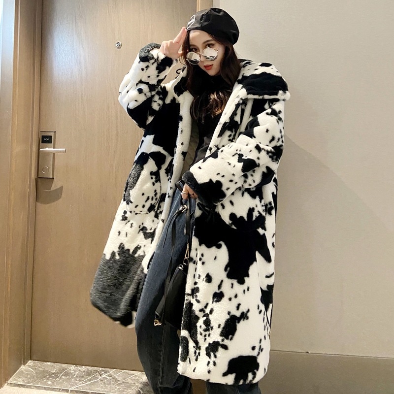 AWアウターファーコートロング丈 アウター 保温 乳牛柄 ジャケット 厚手 秋 冬 毛皮コート ゆったり トップス
