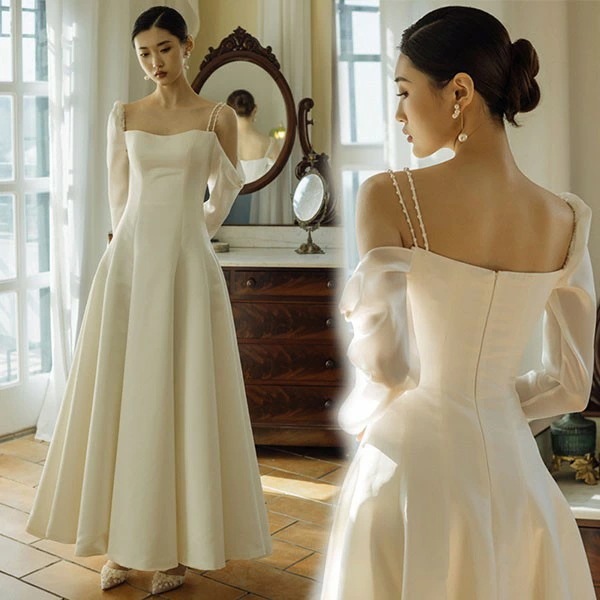 花嫁 ウェディングドレス プリンセスライン 白ドレス トレーンドレス 長袖 ワンピース プリンセス シンプル 結婚式 披露宴 前撮り 後撮り 撮影用 フォトウェディング 小柄 小さいサイズ ロング