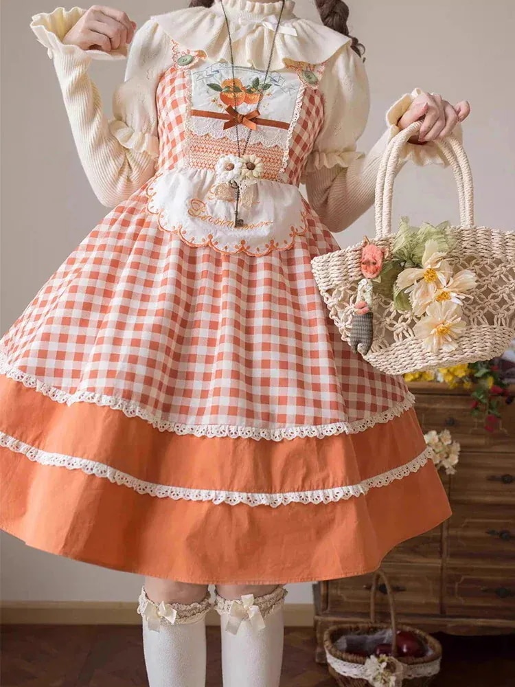 キュートでスーパーフェアリーなロリータスーツスイートスリムニットトップスチェック柄サスペンダースカートロリータ 7,226円