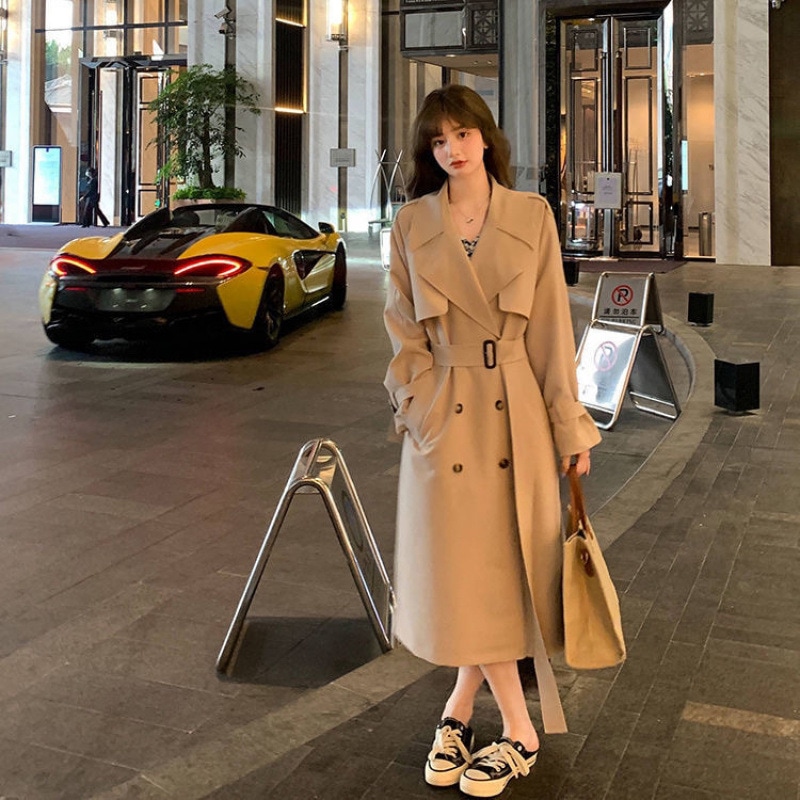 カーキウインドブレーカーレディースミドル丈韓国版2025新春気質ゆったりスリムコートトップ