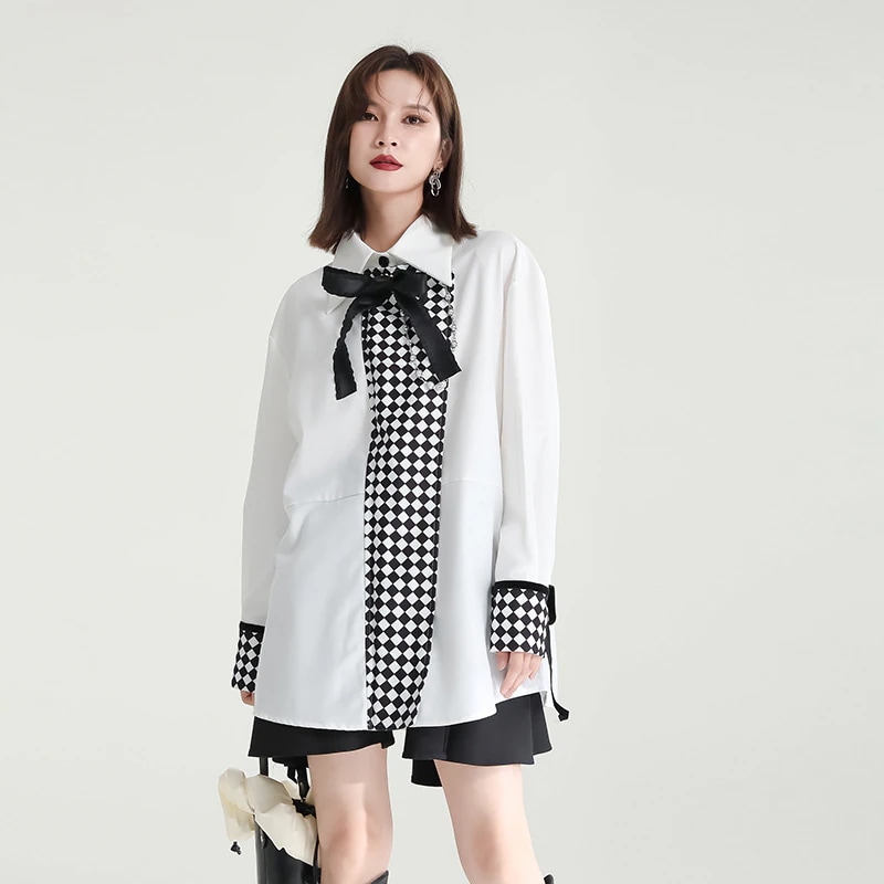 可愛いチェック長袖ブラウスレディース秋服韓国ファッショントップスシャツ ドレス ワイシャツ