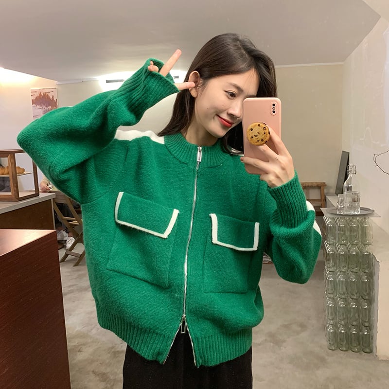 トップス ニット カーディガン 長袖 ジップ ラウンドネック ジッパー 厚手 サイドライン