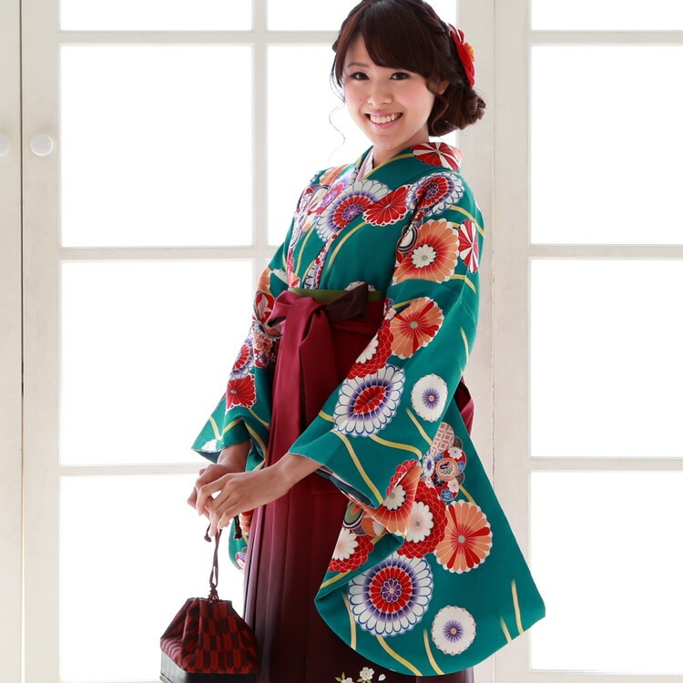レンタル卒業式 袴 レンタル 女 袴セット 女 卒業式袴セット2尺袖着物＆袴 フルセットレンタル 安い 青緑地に赤オレンジ系の金刺繍丸菊 レトロ 大正ロマン
