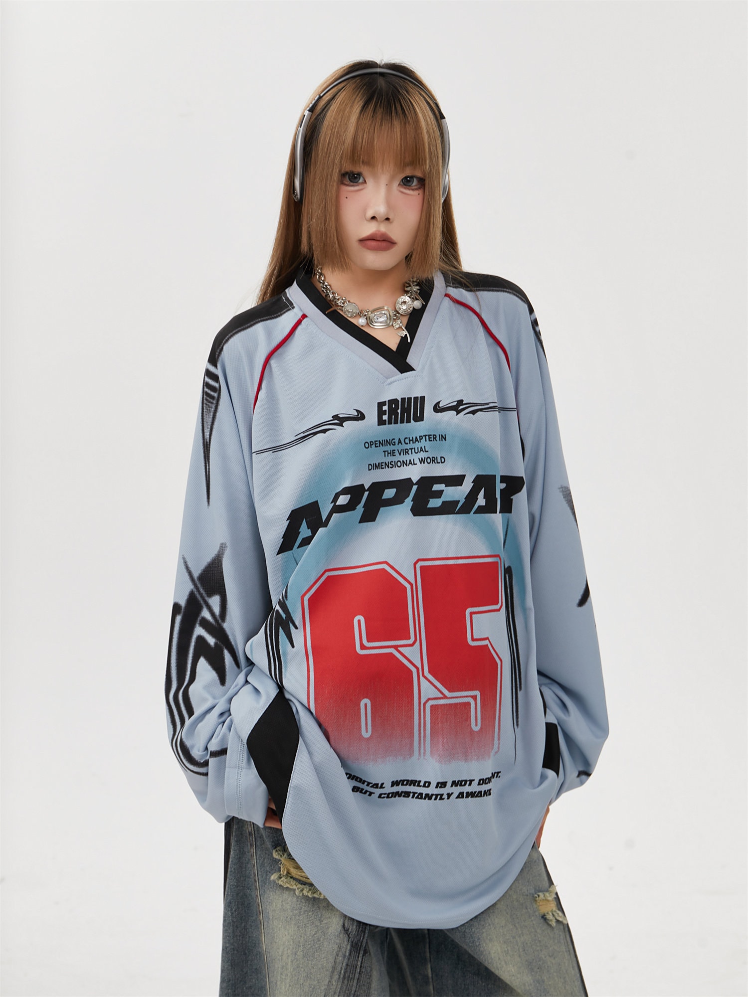 ゲームTシャツ フットボールジャージ ヴィンテージTシャツ オーバーサイズ メッシュ Vネック 長袖 アメカジ Y2K ナンバリング 韓国ストリート レディース カップルコーデ