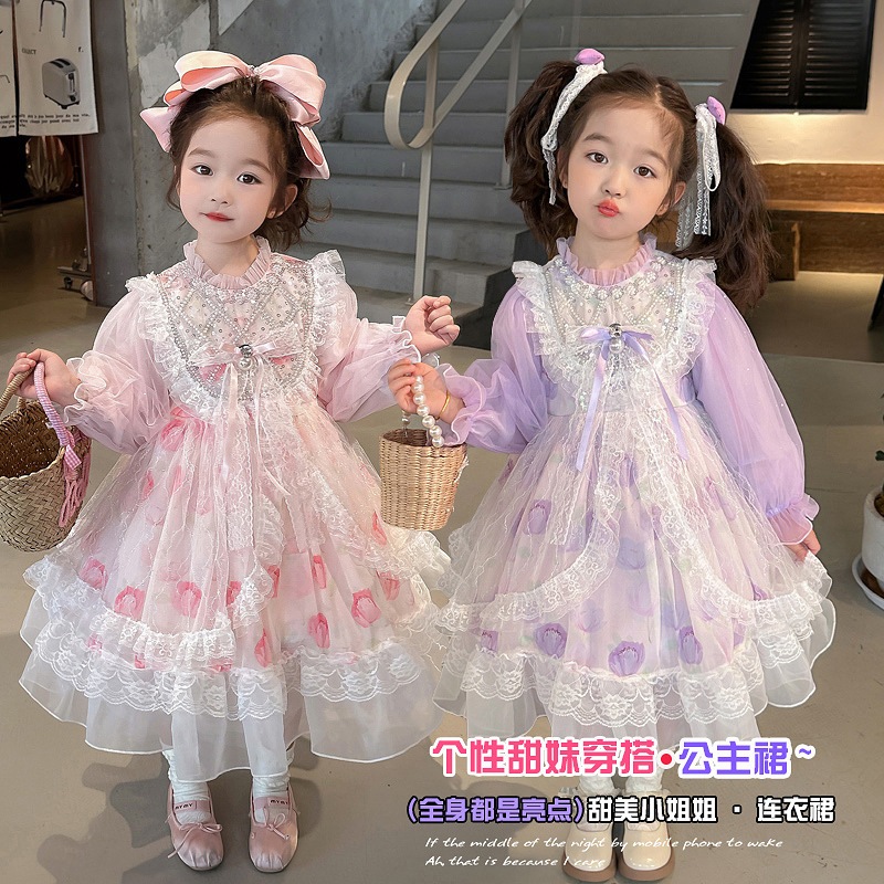 ガールズロリータドレス春秋2024秋新作子供ベビーフラワー秋プリンセスドレス