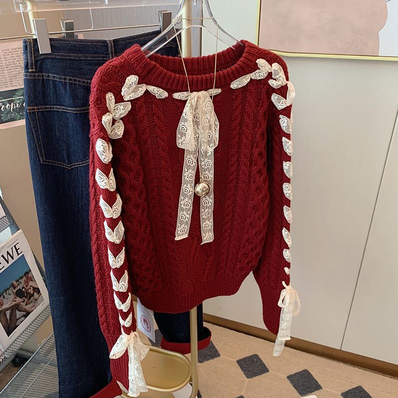 人気なリプニット レトロ ツイスト セーター 秋冬 新作 可愛い 蝶結び ニットカーディガン