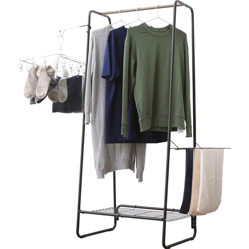 即納：アイリスオーヤマ 洗濯物干しとして使わない時は洋服掛けとして使用可能なおしゃれなスタイル洗濯物干し 約1人用 アイアンウッド ブラック HKM-640
