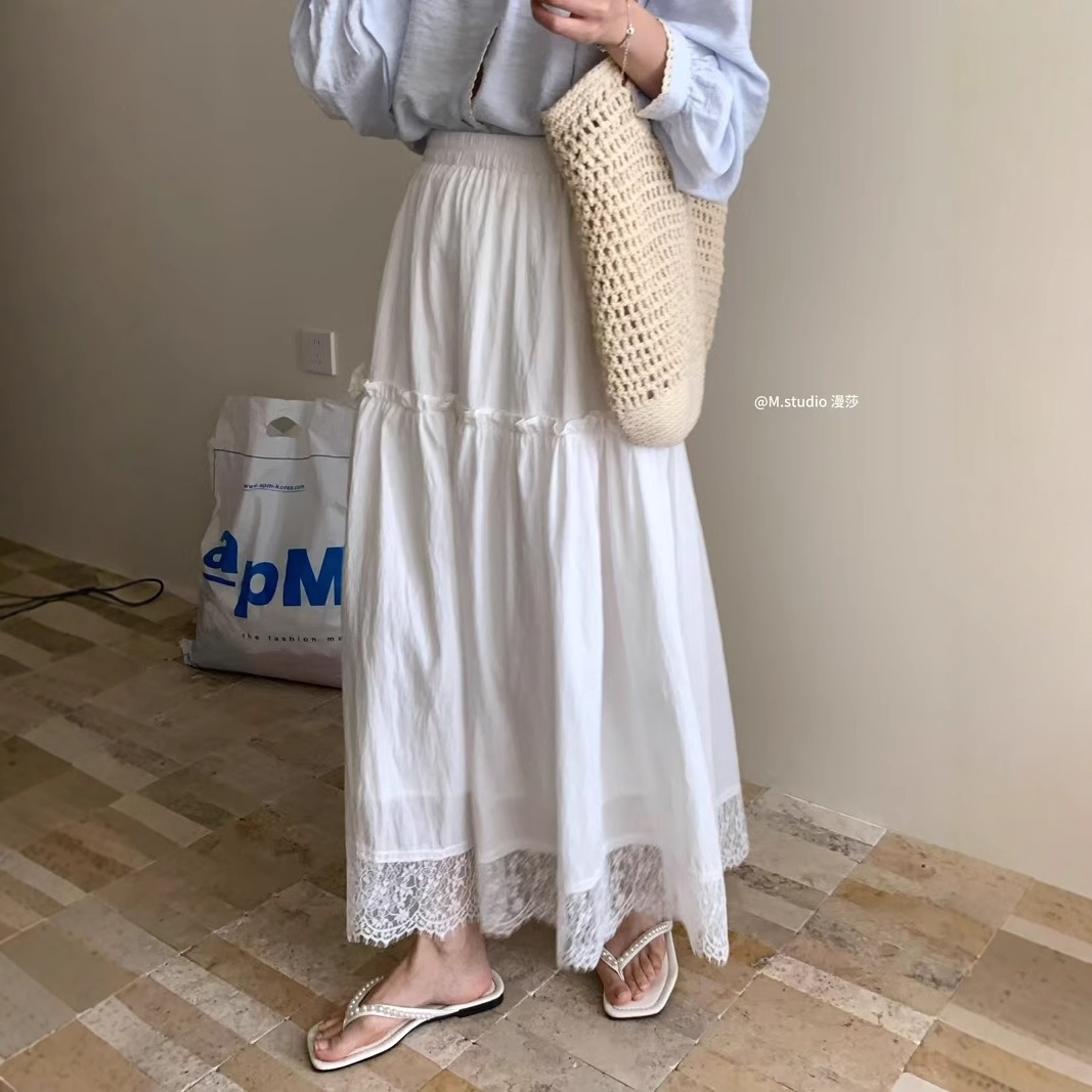 Mstudio Mansha Fairy Cake Skirt Hemspliced Lace Erlastic Waist Mid-length Skirt For Women