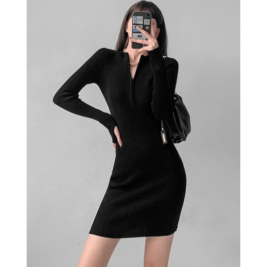 【取寄：納期2週間】ハーフジップワンピース ニットワンピース ミニワンピース Vネック キーネック ハイネック ラウンドネック ショート丈 ミディアム丈 選べる丈 レトロ スリム