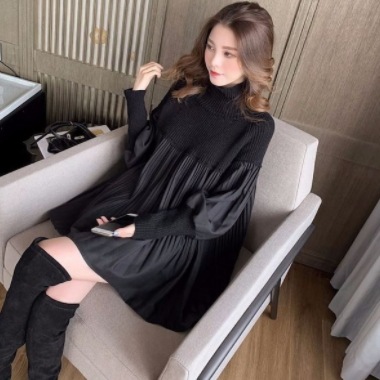 オーバーサイズ 消しプリーツ切り替え ロングスリー ロングカフス トップス ニットソー チュニック