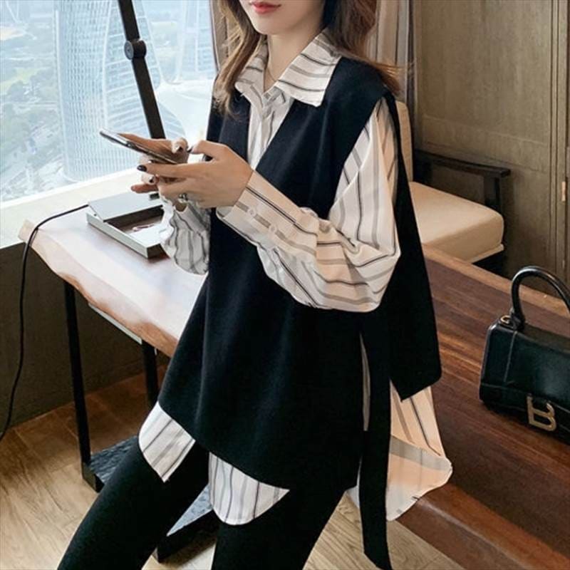 ツーピース 2点セット レディース トップス シャツ ベスト ストレート ロング お尻まですっぽり 長袖 カフスリーブ Vネック 襟付き ストレート かわいい 大人可愛い きれいめ シンプル カジュア 5,152円