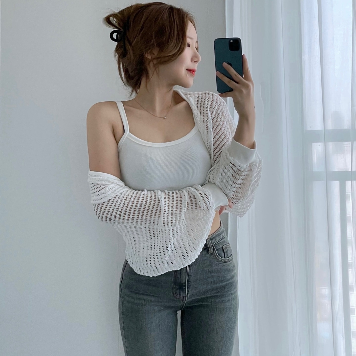 [セット/か弱いフィット]韓国女子夏ニット網シースルーボレロ袖なしクロップカーディガンセット