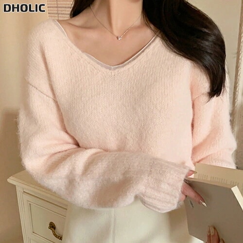 シャギーシフォンコンビウール混Vネックレイヤード風長袖ニット・1951241