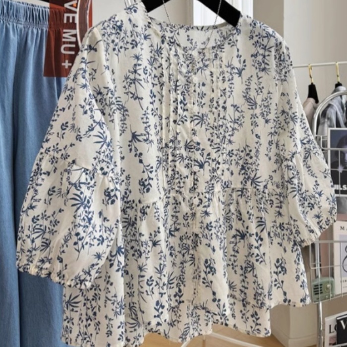 レディース トップス シャツ ブラウス プルオーバー 7分袖 ラウンドネック 襟なし ワイド 裾ワイド フェミニン 薄手 かわいい 大人可愛い きれいめ シンプル カジュアル 上品 おしゃれ レトロ