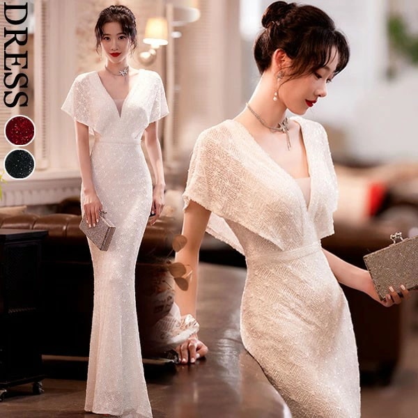 ドレス 大人 ピアノ 発表会 マーメイドライン キラキラ 上品 イブニングドレス ピアノ発表会 演奏会 二次会 撮影 パーティードレス 白 赤 黒 ワンピース ステージドレス セクシー フェミニン d