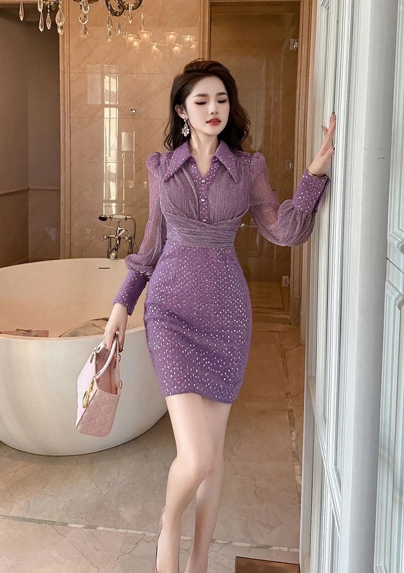 【JY.上品】 2025秋 キラキラ パープル ワンピ パーティードレス キャバ 着痩せ 大人 お呼ばれ 同窓会 披露宴 卒業式 結婚式 ウェディング 二次会 成人式 5,349円