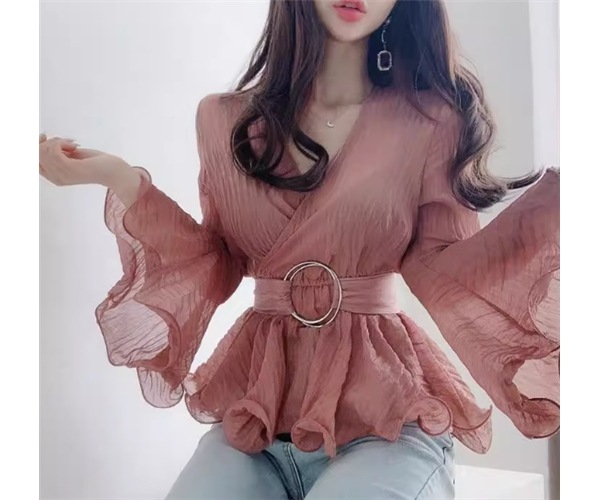 レディース トップス シャツ ブラウス プルオーバー ミドル丈 7分袖 ベルスリーブ Vネック カシュクール フェミニン シフォン フリル ハイウエスト かわいい 大人可愛い きれいめ シンプル