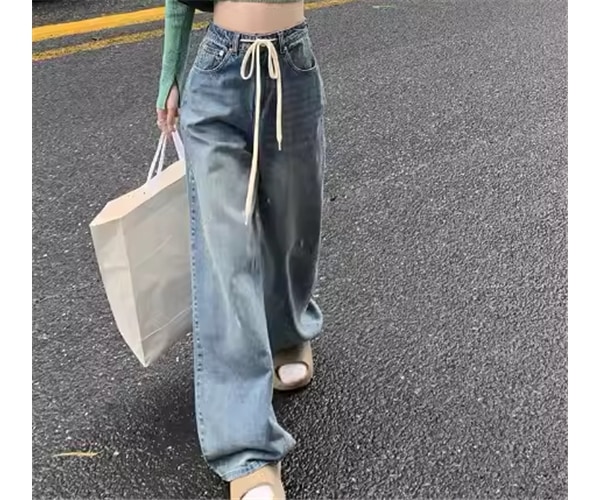 レディース パンツ ボトムス ジーンズ Gパン フルレングス ワイド ストレート ウエストマーク ファスナー ポケット ハイウエスト 異国風 ウォッシュ デニム ブルーデニム かわいい シンプル
