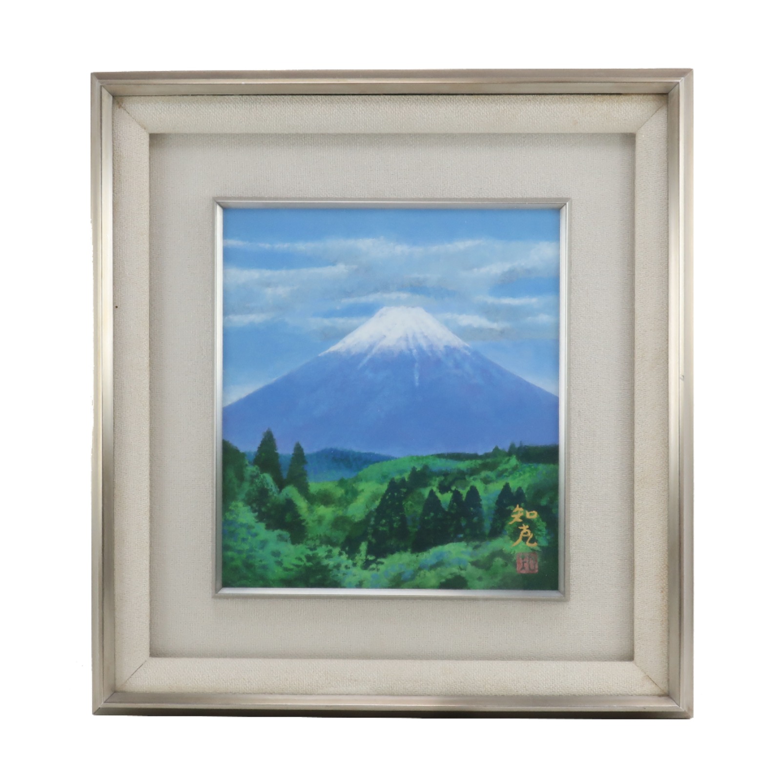 山本知克 『清晨』 富士山 風景画 水彩 絵画 _ 中古品
