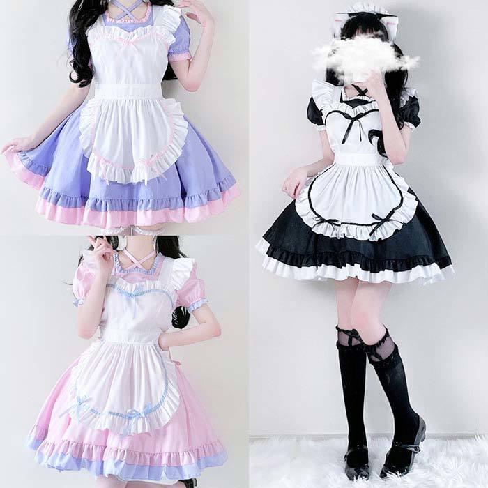 【大人気】メイド服 コスプレ 衣装 セット 仮装 女装 フリル ロリータ衣装 ワンピース かわいい カチューシャ付き レディース ウェイトレス コスチューム ロリータ服 カフ