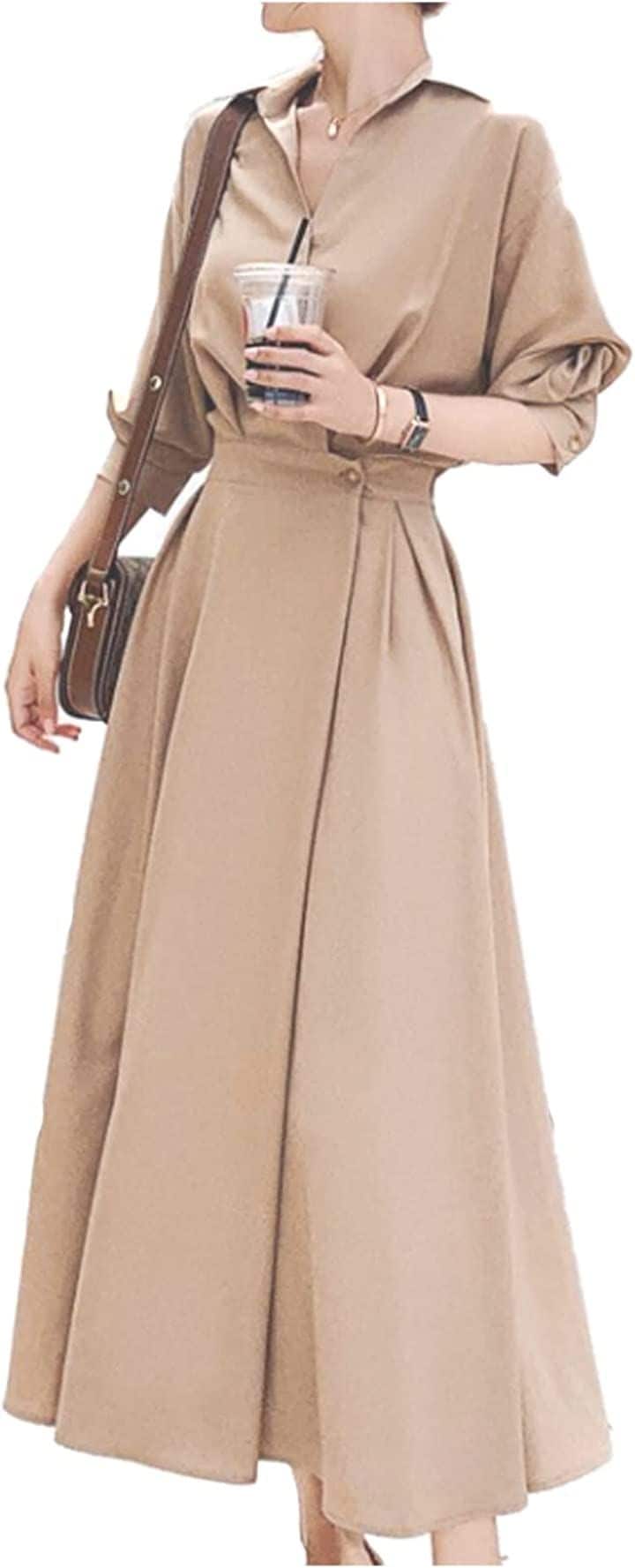 ロングフレアワンピース 襟付き きれいめ 長袖 レディース(ブラウン, S) 5,947円