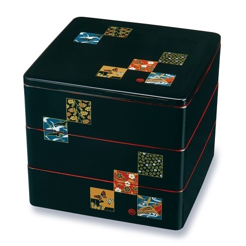 紀州塗り　７寸　三段　重箱　黒内朱　市松友禅