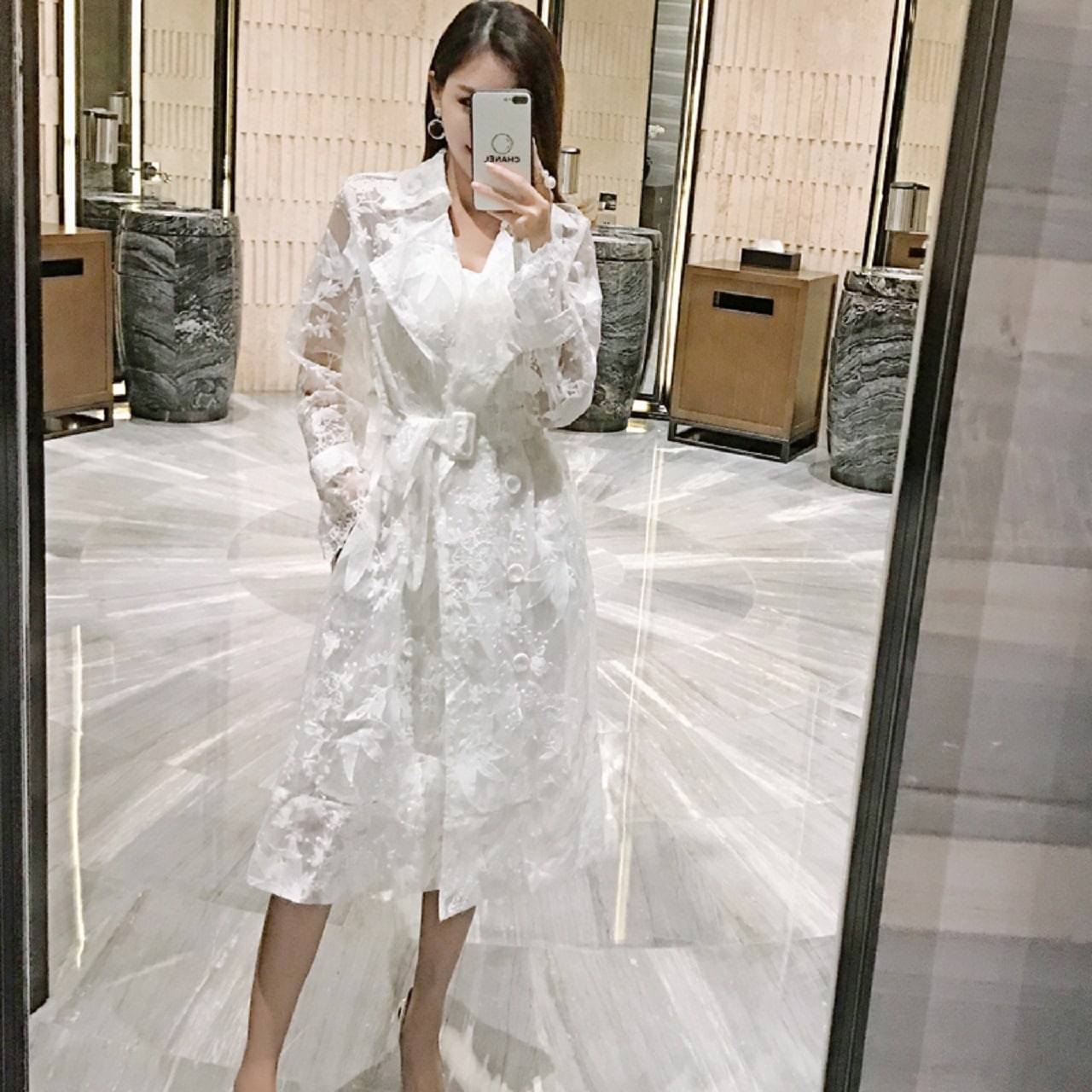 新作 春秋 レディースアウター トレンチコート 白 ホワイト レース 刺繡 フェアリー 6,142円