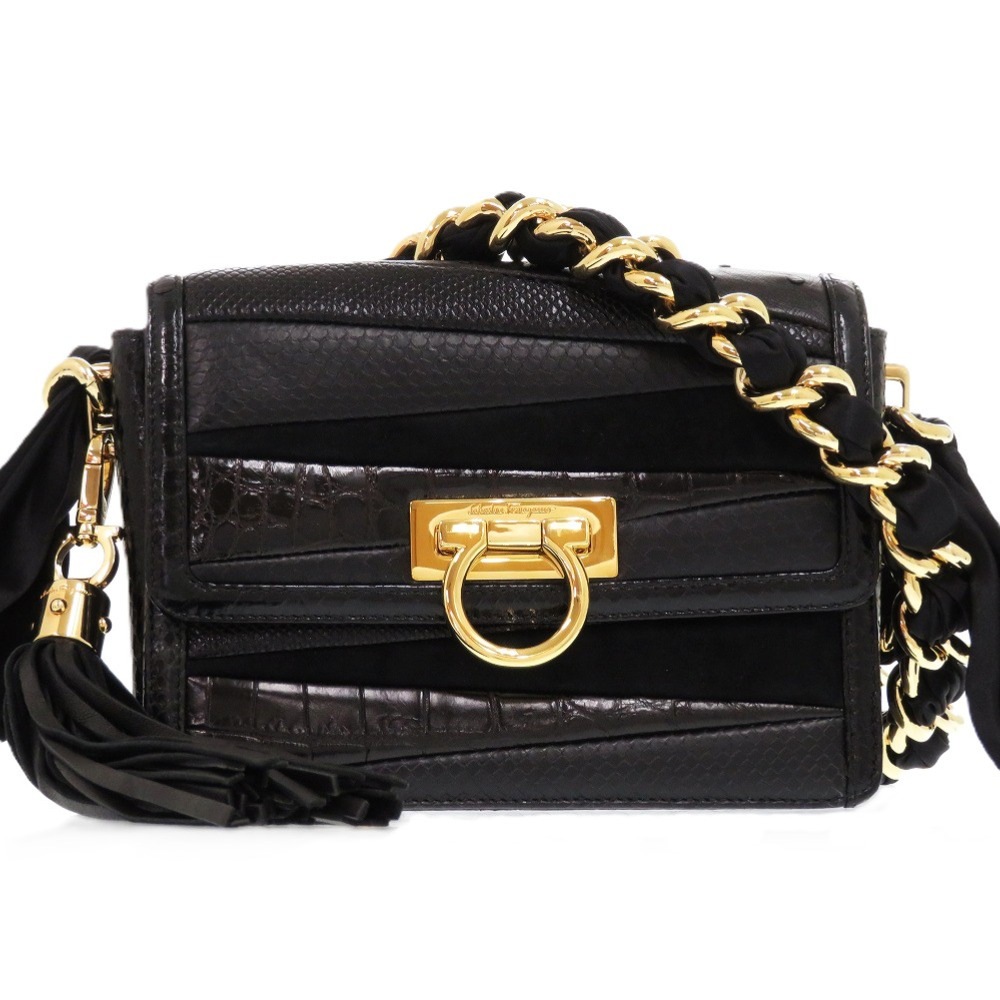 美品 サルヴァトーレフェラガモ ガンチーニ パッチワーク RG-21 G073 ショルダーバッグ レザー/クロコダイル/エキゾチックレザー ブラック 1337【中古】Salvatore Fer