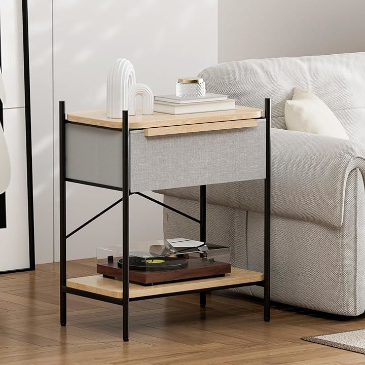 サイドテーブル 引き出し付き ナイトテーブル 低め ベッドサイドテーブル チェスト タンス 収納 収納棚付き 布製 ソファー リビング 寝室 コンパクト 軽量(グレー, Large)