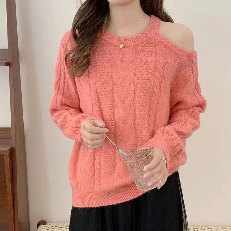 レディース セーター オフショルダー ニット トップス 長袖 クルーネック セクシー ニットセーター 肩出し 無地 チュニック 秋 冬 プルオーバー ショート丈 着痩せ おしゃれ アシンメトリー ファ