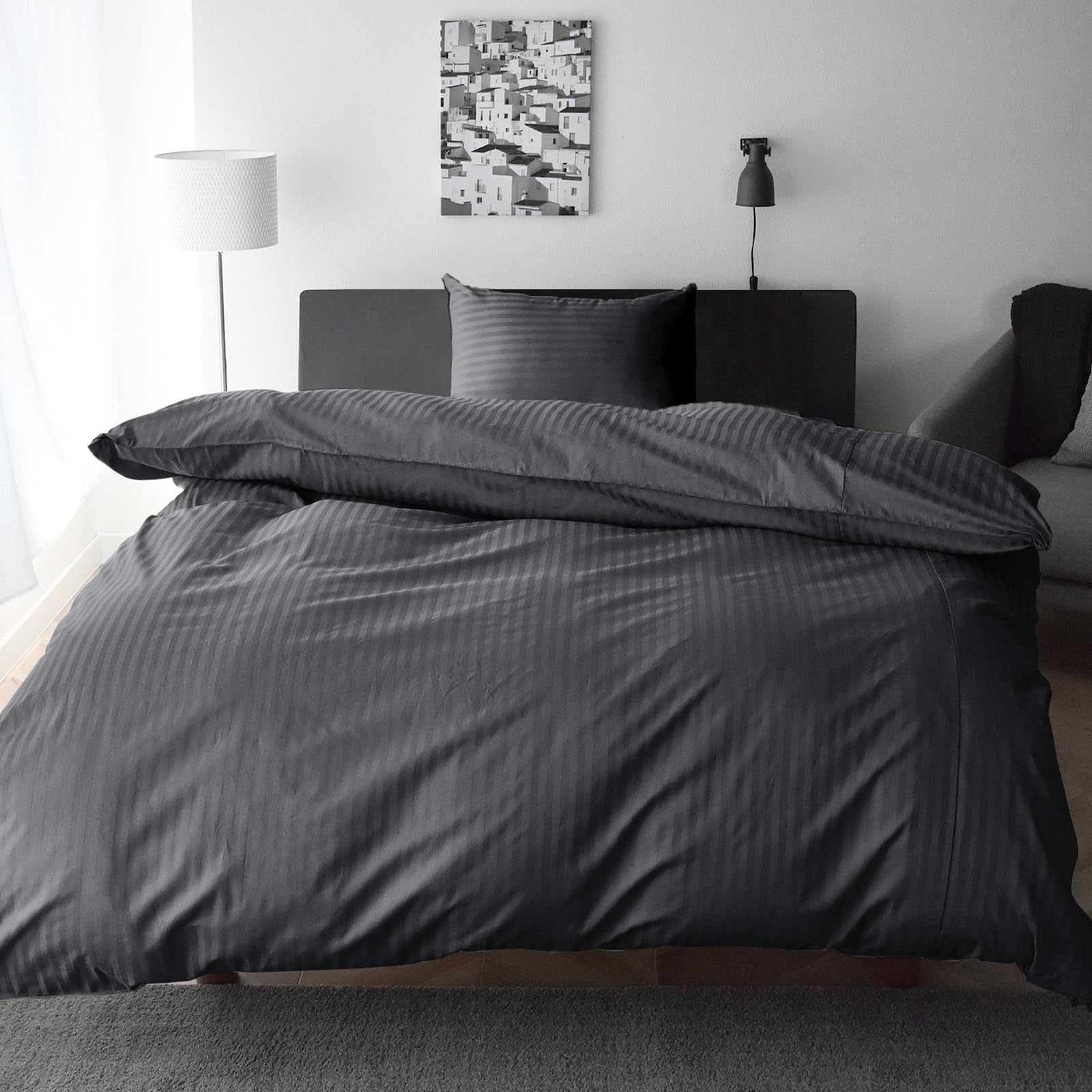 日本製 布団カバー セット セミダブル 3点セット 防ダニ 綿100% サテンストライプ 高密度生地315本 掛け布団カバー ボックスシーツ 枕カバー1枚 北欧 おしゃれ エトワール (セミダブル