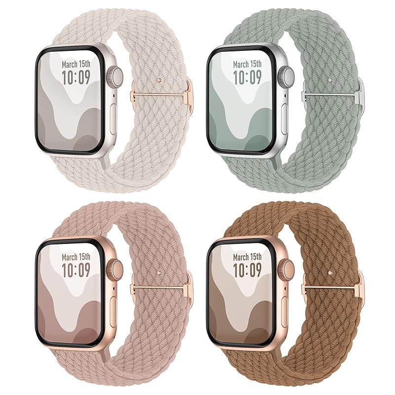 【4枚入り】Suitisbest コンパチブル アップルウォッチ バンド 49mm 45mm 44mm 42mm 編み込み Apple Watch バンド ナイロン 伸縮性 滑り止めバックル付き Se