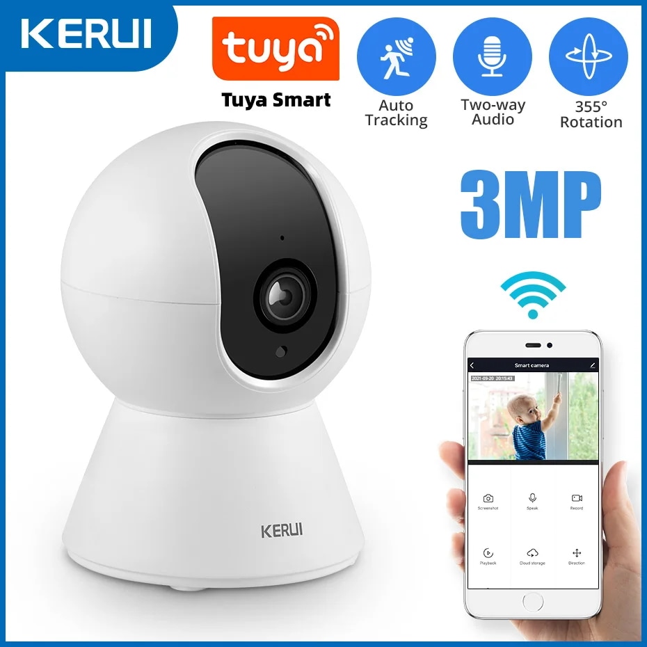 KERUI 3MP Tuya スマートミニ WiFi IP カメラ 屋内ワイヤレスホームセキュリティ AI 人間検知 CCTV 監視カメラ 自動追跡