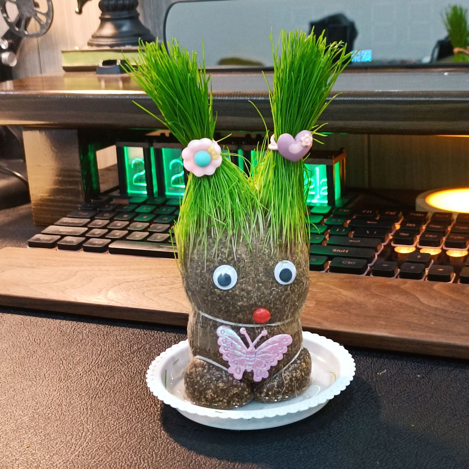 頭に草が生えた草頭の人形花が咲く人形頭に草が生えて頭に水をやる子供たち小さな鉢植えを植える幼稚園