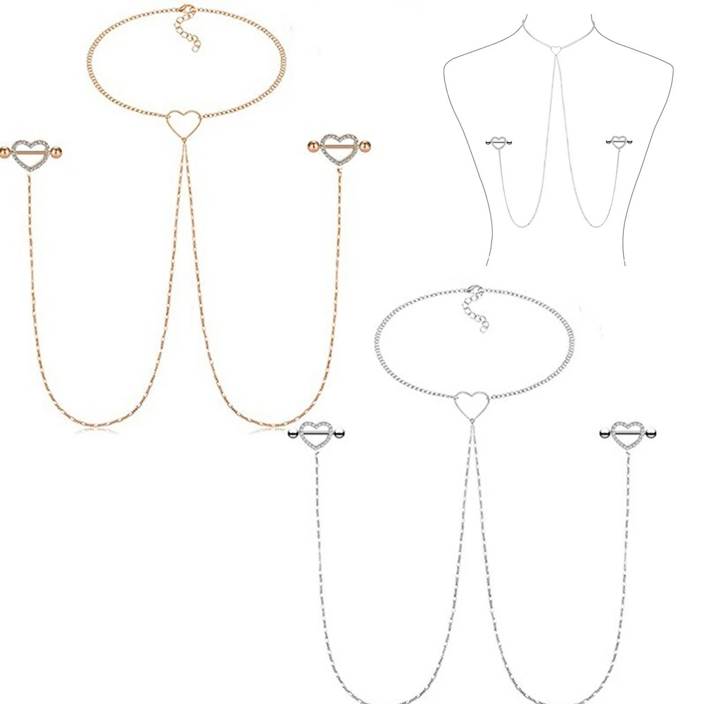 [14G ボディピアス チョーカー]ハートニップルピアス・ネックレスチェーン ボディーチェーン 14ゲージ 胸 首飾り ボディチェーン ボディーピアス メンズ レディース プレゼント シルバー 銀色