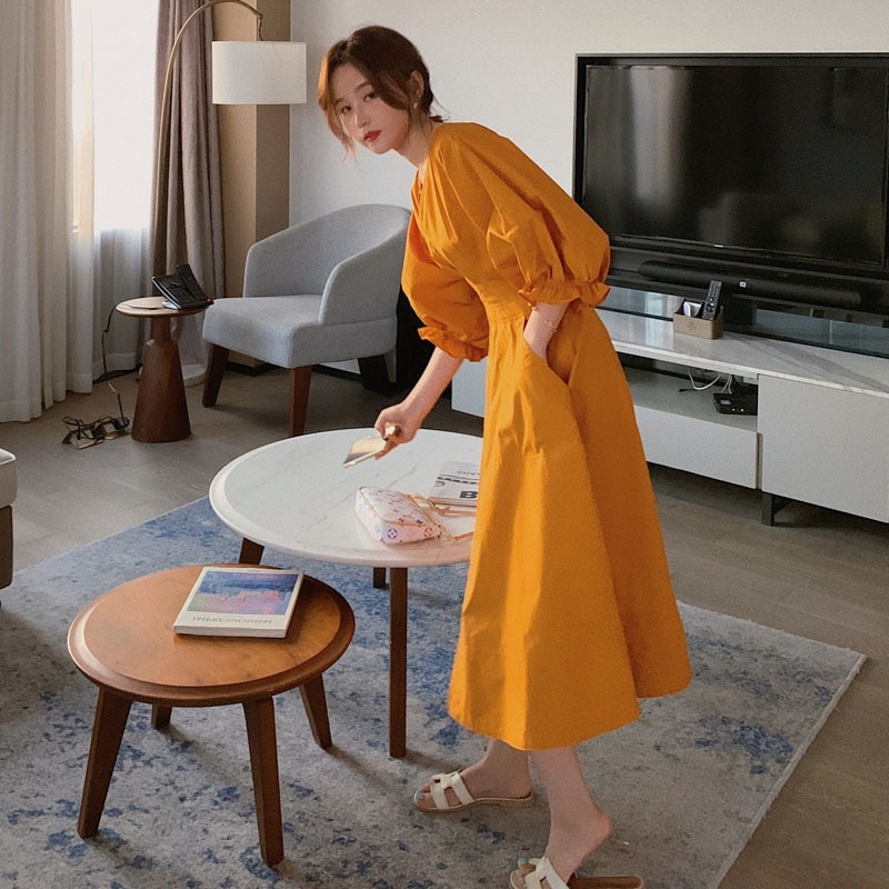 ワンピース マスタード ワインレッド パフスリーブ Vネック ハイウエスト 韓国 レディース オルチャン 袖あり 5分袖 五分袖 ボリューム袖 フレア セミフレア Aライン 無地 春 夏
