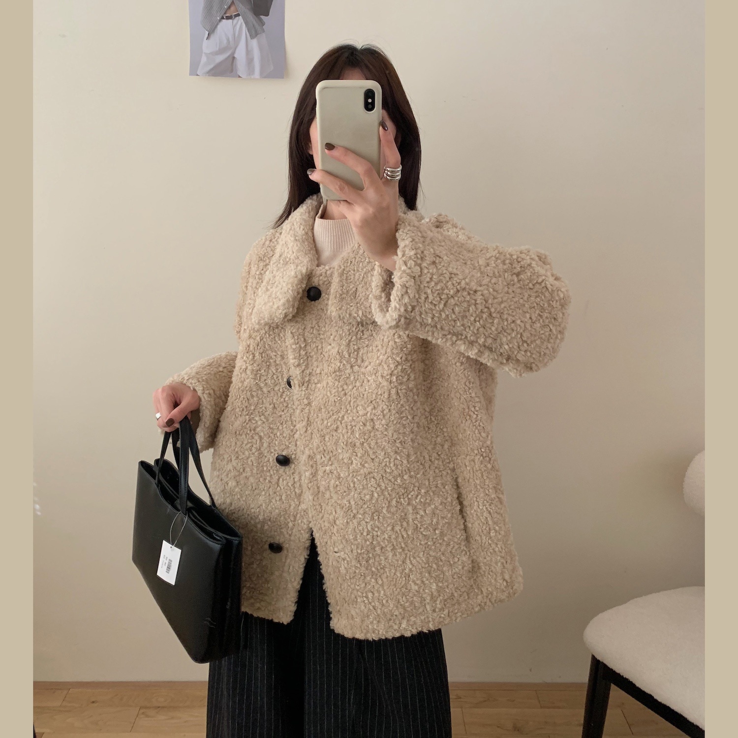 冬の新型韓国版洋気毛皮一体羊巻き毛立襟ゆるい単列ボタン綿服コート