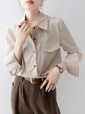 【1点ご購入 で10点プレゼントいたします】ゆったり感のあるレトロストライプ長袖シャツレディース2025春秋シャツ通勤トップス