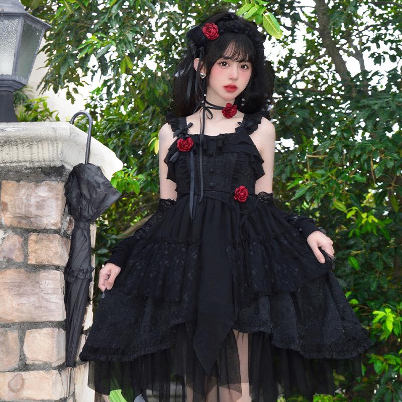 ロリィタ ジャンパースカート ノースリーブ ロリータ ワンピース ゴスロリ ドレス お花 薔薇 華やか 可愛い リボン フリル チュール