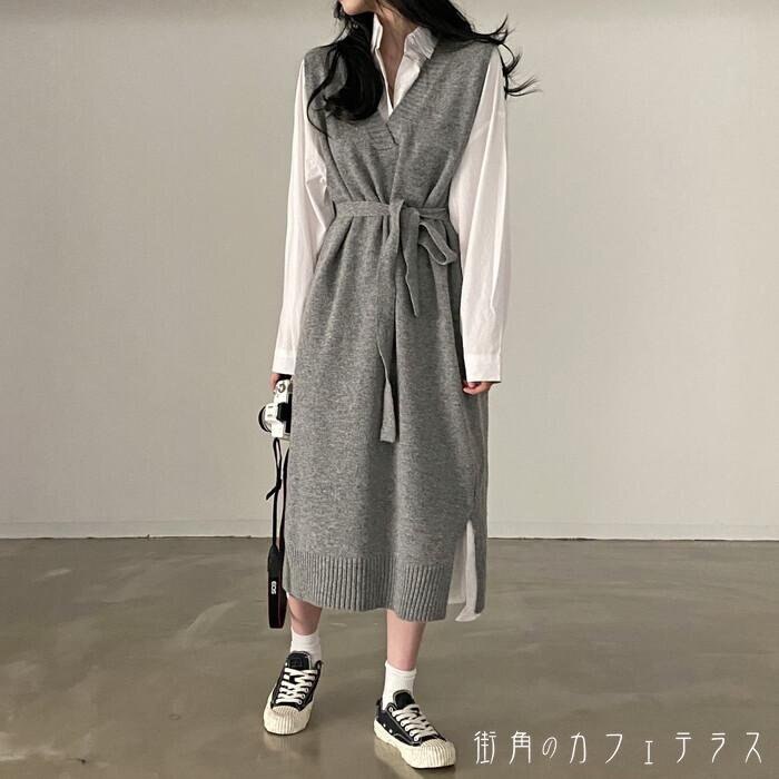 ワンピース ニットワンピ ノースリーブ ニットベスト ベスト Vネック 深Vネック iライン ロングワンピース ロング丈 ミモレ丈 無地 シンプル ウエストマーク ベルト付き 定番