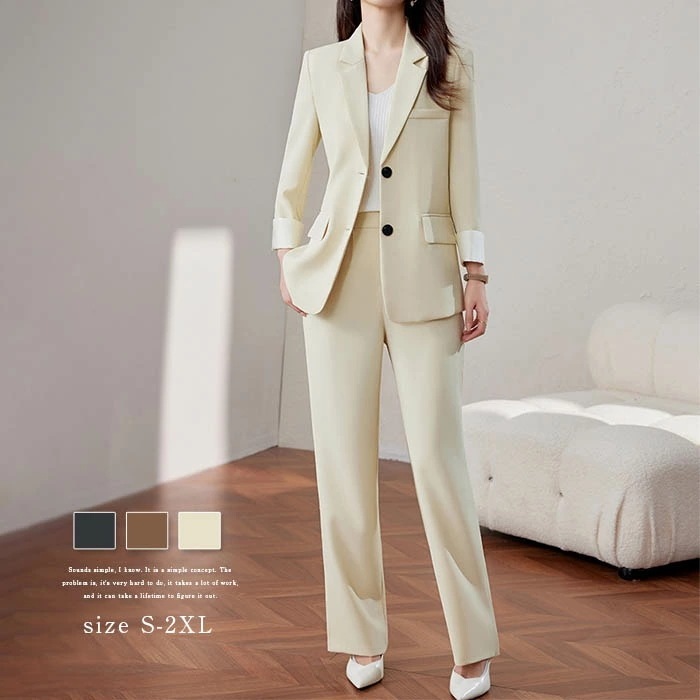 【2枚購入で1oo円OFF】パンツスーツ スーツ レディース セットアップ 洗える Vネック 長袖 2点セット ワイドパンツ ロング丈 ビジネス リクルート オールシーズン 春 夏 秋 冬 大きいサイ