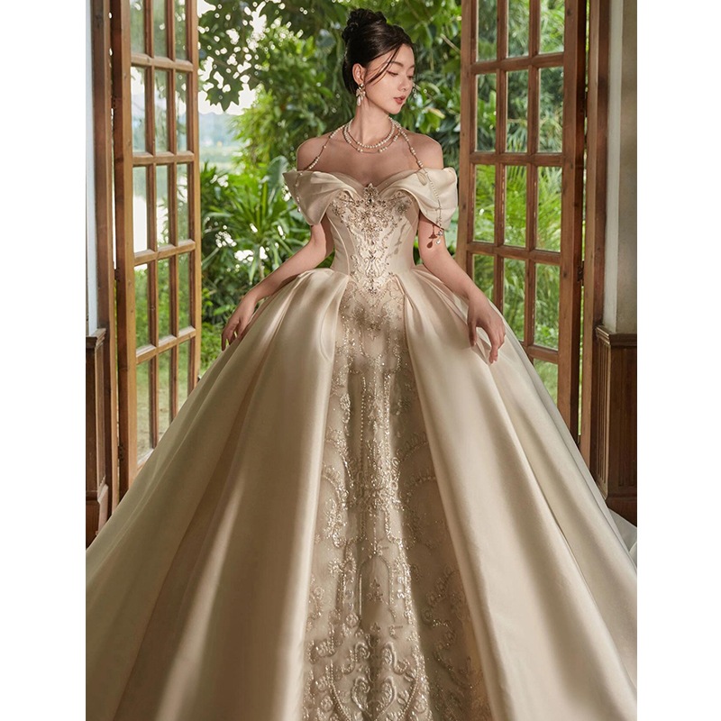 ワンショルダーサテンウェディングドレス2024ブライダル主糸ヴィンテージプリンセスリトル