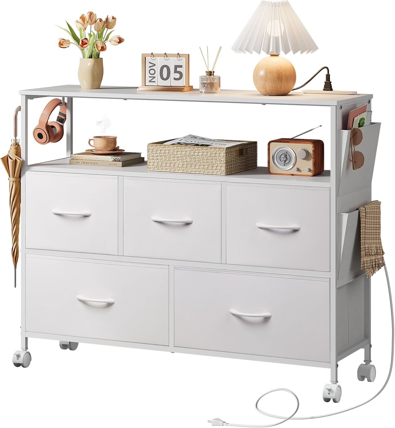 WLIVE チェスト タンス 2段棚付き収納 コンセント付き USBボード キャスター付き サイドポケット付き 2段5杯 箪笥 ローチェスト リビング収納 おしゃれ 収納チェスト 布製 引き出し
