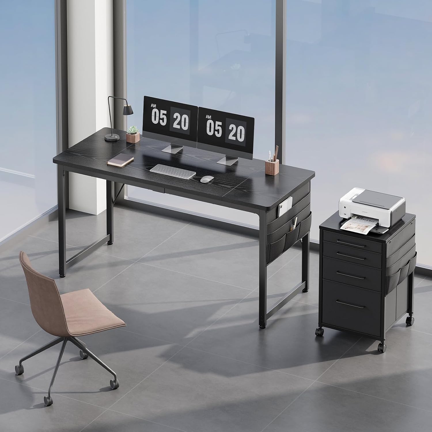 YeTom 机 デスク パソコンデスク pcデスク 幅140*奥行60cm つくえ 収納袋付き勉強机 フック付き学習机 組立簡単 テレワーク ブラック