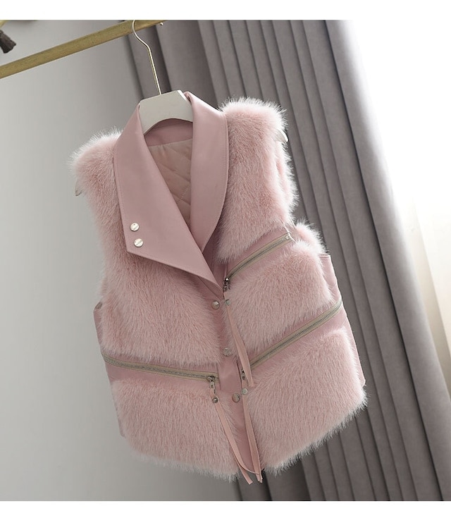 異素材MIXファージレ ジャケット アウター ベスト ジレ ファー もこもこ カジュアル ファスナー puレザー レディース 可愛い オフィスコーデ. ママコーデ ６カラー.C233