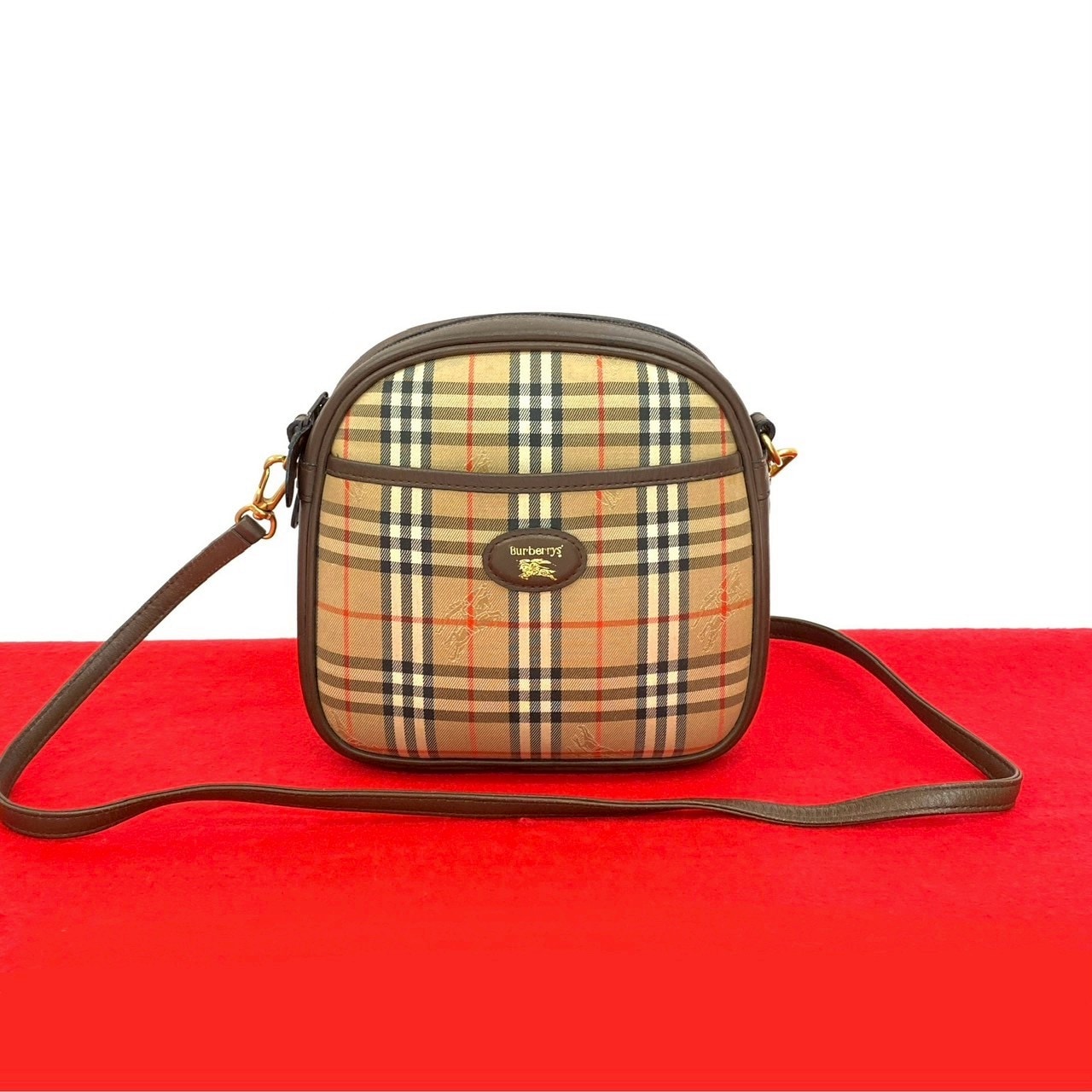 ヴィンテージ シャドーホース ロゴ ノバチェックショルダーバッグ キャンバス レザー ベージュ 22444