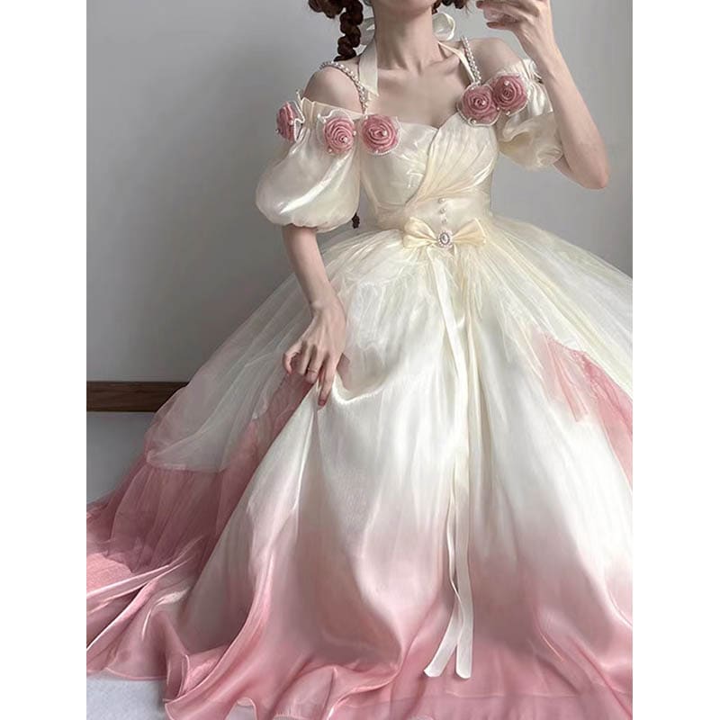 グラデーションピンクローズロリータドレスウェディングドレスロリータ妖精プリンセスドレス