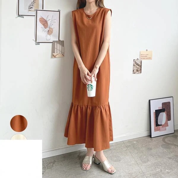 春 ゆったりサイズ かわいい 裾フレア楊柳ノースリーブワンピースロング 韓国ファッション 高見え きれいめ カジュアル 夏 レディース 【Primepic】【急速出荷】ワンピース